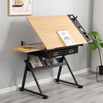 DlandHome Adjustable Drafting Table Craft Table Drawing Desk Hobby Table Writing Desk Studio Desk with Drawers, Angle Adjustable Top