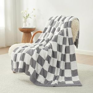 Snuggle Sac Faux Fur Throw Blanket for Couch, Knitted with Microfiber Fancy Yarn Blanket, Cozy Soft Warm Blankets for Sofa Bedroom Living Room,Grey Checker,50x60 inches