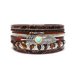 KunBead Jewelry Brown Leather Wrap Bracelets for Women Feather Handmade Braided Boho Multilayer Magnetic Buckle Bracelet Wristband