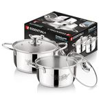 Essential Plus by Bergner 4 Pcs Stainless Steel Cooking Pots Set - 16cm/1.6L Casserole with Glass Lid and 18cm/2.3L Casserole with Glass Lid, Less Oil Use, Healthy Cooking - Induction Bottom