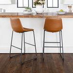 Ladil Tan Brown Stool, Back & Footrest Barstool, Brown Tan Leather Upholstered Stool, Pub Chair Ideal for Kitchen Island, Living Room, Bar Height Stool (Set of 2) (Stools)