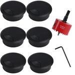 60mm Hole Saw Drill Bit & 6 Pcs Round Desk Cable Hole Cover, Black 60mm Desk Hole Covers, Plastic Desk Grommets, HSS Metal Hole Cutter, Plastic Desk Cord Computer Wire Cable Hole Cover Grommets