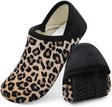 XIHALOOK Women Men Slippers Socks Artificial Woolen Slippers with Non-Slip Rubber House Shoes Brown Leopard, 8-9 Women/6.5-7.5 Men