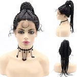 Xiweiya Black Braid Wig 8 Strip Twist Braids Hand Tied High Ponytail Add Hand Crochet Lace Box Afro Braid Wig Synthetic Soft Black Natural Hairline for Women,Drag Queen Halloween Cosplay