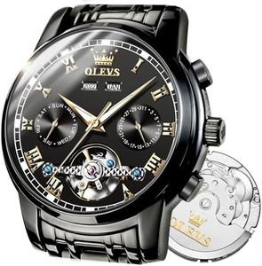 OLEVS Black Automatic Watches for Men Watch Men Tourbillon Skeleton Watch Waterproof Self Winding Mens Watches Mechanical Men's Wrist Watches Stainless Steel Luxury Dress Man Watch,reloj para Hombre