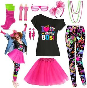 Xintorch 80s Outfit Women Costume Accessories Set T Shirt Leggings Headband Tutu Skirt Neno Slouch Socks
