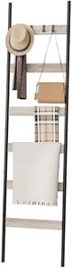 Blanket Ladder, 6-Tier Towel Holder with 4 Removable Hooks, Farmhouse Wall Leaning Decorative Rack Shelf, Wooden Towel Display Rack, Quilt Ladder for Living Room, Bedroom, Greige