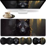 Large XXL Gaming Desk Mat 31.5"x 11.8", Ergonomic Keyboard Wrist Rest & Mouse Pad Wrist Rest + Coaster Set, Non-Slip Base, Memory Foam, Office and Home, Black Wolf