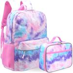 Fenrici Kids' Tie Dye Backpack with Lunch Box Set for Girls, School Bag with Laptop Compartment and Insulated Lunch Bag, Pink Tie Dye, Pink Trims