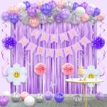 Purple Birthday Decorations for Girls Women,Pink Purple Party Decoration Set,Purple Happy Birthday Banner, Daisy Balloon Garland Arch Kit, Foil Curtain Backdrop,Butterfly Sticker,Hanging Swirl.