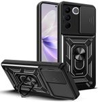 KrKis TPU+PC Back Case For Vivo V27 Pro With Slide Camera Cover Heavy Duty Military Grade 360 Protection Build In Ring Kickstand Shockproof Mobile Phone Bumper Case (Black)