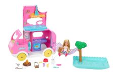Barbie Camper, Chelsea 2-in-1 Playset with Small Doll, 2 Pets & 15 Accessories, Vehicle Transforms into Camp Site