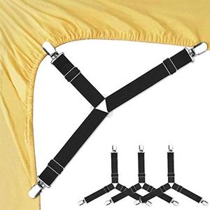 Bed Sheet Fasteners, Adjustable Triangle Elastic Suspenders Gripper Holder Straps Clip for Bed Sheets,Mattress Covers, Sofa Cushion, Plastic+Metal, Black, 4 Pack-Short