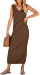 ANRABESS Women's 2 Piece Outfits Summer Sweater Skirt Sets Casual Sleeveless V Neck Ribbed Vest Knit Tops Midi Dress Large Brown