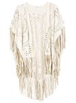 CHOiES record your inspired fashion Women's Suedette Cut Out Asymmetric Fringed Cape Kimono Blue Blouse with Tassel, White, One Size