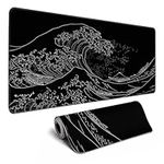 Japanese Sea Wave Large Mouse Pad, Anime Black Gaming, Extended Kanagawa Mat Desk Pad, 3mm Thick Long Non-Slip Rubber Base Mice Pad, 31.5 X 11.8 Inch