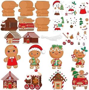 48 Pcs Christmas Gingerbread Man Craft Kit for Kids Make Your Own Gingerbread Man and House Ornament DIY Gingerbread Man Xmas Tree Ornaments Self Adhesive Sticker Sheets for Xmas Tree Decorations