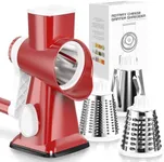 KEOUKE Rotary Cheese Grater with Handle Vegetable Cheese Shredder Slicer Grater for Kitchen 3 Changeable Blades for Cheese Potato Zucchini Nuts Chocolate - RedWhite