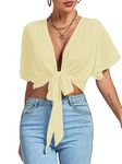 LYANER Women's Deep V Neck Tie Front Knot Wrap Ruffle Short Sleeeve Crop Top Blouse, Light Yellow, Small