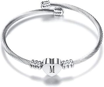 SBI Jewelry Initial Name Bracelet Women Silver A-Z Love Letter Cuff Heart Alphabet Bangle Gift Wristlet Friends Mom Wife Sister Daughter Family Granddaughter Valentines Day Birthday, 7 cm, Stainless