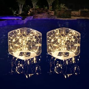 LENONE Floating Pool Lights Solar Powered, Light Up LED Warm White Square Solar Pool Lights That Float, 5.6“ IP68 Waterproof Auto ON/Off Solar Floating Lights for Pool Wedding Party Decorations(2)