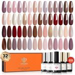 Modelones 32 PCS Gel Nail Polish Kit 28 Colors Nude Brown Gel Polish with Glitter & Glossy & Matte Gel Top Base Coat Glitter Nude Brown Red Pink Gel DIY Home Nail Curing Gifts for Women