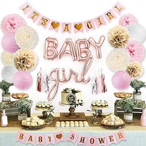 Sweet Baby Co. Pink Baby Shower Decorations for Girl with It's A Girl Banner, Baby Girl Letter Balloons, Flower Pom Poms, Paper Lanterns, Tassels (Rose Gold, Pink, Ivory, White Sprinkle Set)