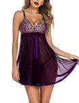 Avidlove Lingerie Lace Babydoll Strappy Chemise V Neck Nightgown Sexy Sleepwear Purple S