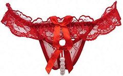 Women Pearl Lace Bowknot Beads Lace Panties Erotic Thong Lingerie Underwear (M-L, Red)