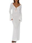 Saodimallsu Womens V Neck Crochet Maxi Dresses Bell Sleeve Bodycon Long Dress Hollow Out Summer Beach Vacation Cover Up, White, X-Large