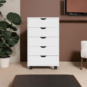 Taylor 5 Drawer Chest, Wood Storage Dresser Cabinet with Wheels, Craft Storage Organization, Makeup Drawer Unit for Closet, Bedroom, Office File Cabinet 180 lbs Total Capacity – White