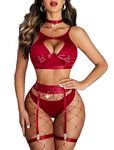 Avidlove Sexy Lingerie Set with Underwire Push Up Garter Lingerie Set 5 Pcs Strappy Lingerie Set for Women Dark Red