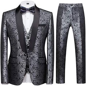 YFFUSHI Men's Elegant Jacquard 3 Piece Suit Shawl Lapel Slim Fit Tuxedo Set Silver