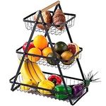 MaxEarn 3-Tier Detachable Fruit Basket, High Capacity Countertop Vegetable Racks Fruit Bowl Snacks Storage Stand, Metal Portable Holder with Wooden Handle for Home Kitchen Bathroom Office