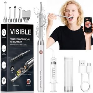 Tonsil Stone Remover with Camera - Upgraded Visual LED Light Tonsil Stone Removal Kit - WIFI Connected Tonsil Cleaner Tool with 5 Stainless Steel Spiral Heads Irrigator for Tonsil Removal (White)