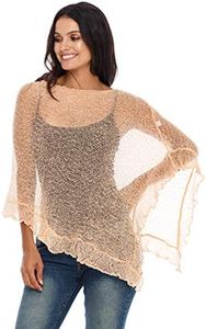 SHU-SHI Womens Sheer Poncho Shrug Lightweight Knit Ruffle Pullover Sweater Top (One Size, Peach)