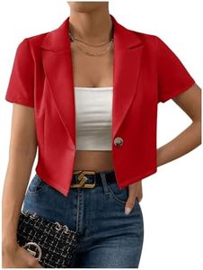 OYOANGLE Women's Button Down Lapel Neck Crop Jackets Short Sleeve Business Blazers Red Large