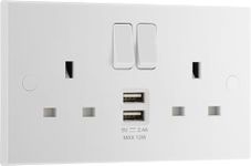 BG Electrical Double Switched Power Socket with Two Type A USB Charging Ports, 13 Amp, 12 Watts, White Moulded, Square Edge