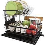 Boosiny Dish Drying Rack, 2 Tier Dish Rack with Drainboard, Rustproof Dish Drainer with Cup Holder, Utensil Holder, Cutting-Board Holder and Drying Mat