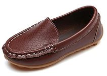 Vorgelen Boy's Girl's Leather Loafers Soft Oxford Shoes Slip-on Moccasins Kids Cute School Dress Shoes Toddler Anti-Slip Flat Boat Shoes, Brown 4.5 UK Child=Label 21