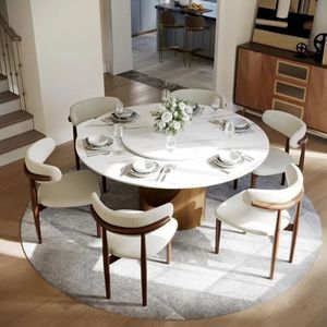 POVISON 7 Pieces Round Dining Table Set for 6, 59" Sintered Stone Glossy White Dining Table with Lazy Susan, 6 Modern Dining Chairs, Dining Room Table Set (59" Table with 6 Chairs)