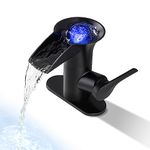 SKOWLL Waterfall Bathroom Faucet 1 Hole Vanity Faucet Single Handle Deck Mount Vessel Faucet with LED Light, Matte Black