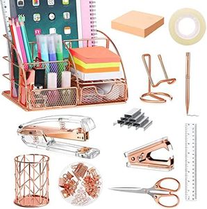 JUOPIEA Desk Organizers and Accessories Office Supplies 12PS Set with Acrylic Stapler, Staple Remover, Pen Holder, Clips, Scissor, Phone Holder, 1 Pen Ect