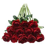 Tifuly 12 PCS Artificial Roses, 19.68'' Single Long Stem Fake Rose Silk Bridal Wedding Bouquet Realistic Flower for Home Garden Party Hotel Office Decor(Blossom Roses,Burgundy)