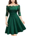 MISSMAY Women's Vintage Floral Lace Half Sleeve Boat Neck Formal Swing Dress, Green, Small