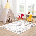 Hauteloom Olwen Kids Room, Nursery, Playroom Machine Washable Area Rug - Road, Construction Vehicles - Cream, Light Gray - 7'10" x 10'