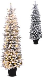 GYMAX 4FT/5FT/6FT Pre-lit Slim Christmas Tree, Artificial Snow Flocked Xmas Tree with 80/120/140 Warm White LED Lights & 8 Lighting Modes, Potted Pencil Decoration Tree for Home Party (6FT)