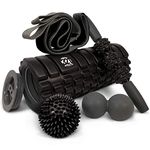 5 In 1 Foam Roller Set Includes Hollow Core Massage Roller with End Caps , Muscle Roller Stick , Stretching Strap , Double Lacrosse Peanut , Spikey Plantar Fasciitis Ball , all in Giftable Box - Grey