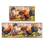 JWXCBIM Rooster Kitchen Rug 2 Piece Set, Country Farmhouse Style Sunflower Decor Kitchen Floor Mat, Non-slipAbsorbent and Washable Runner Rug, Chicken Kitchen Decorations 17x30+17x47 Inches