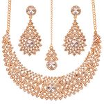 Touchstone Indian jewelry set for women rhinestone bridal necklace statement wedding brides earring formal big designer collar style trendy desi rhinestones maang tikka fashion in gold or silver tone,